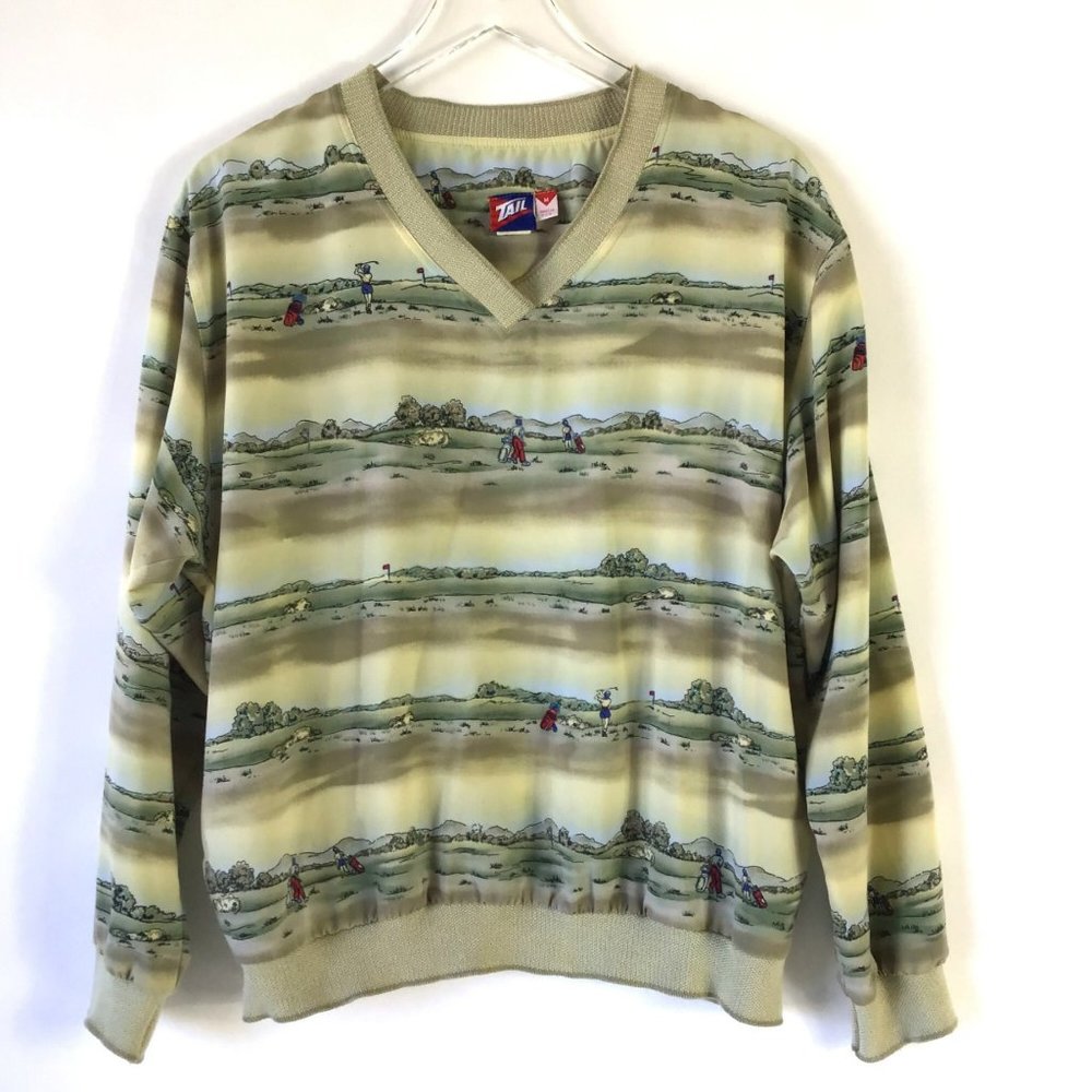 Tail Womens golf v-neck shirt M long sleeve knit trim all over print tan neutral